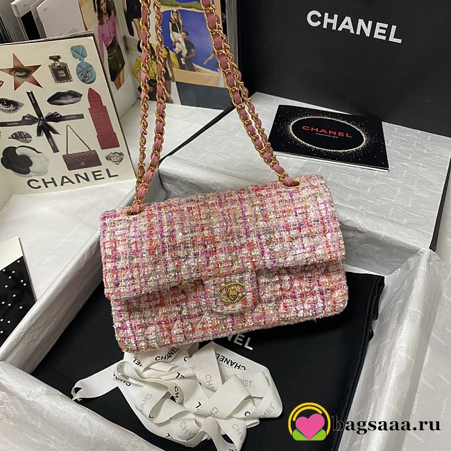 Bagsaaa Chanel Medium Flap Bag Tweed Pink Leather - 25cm - 1