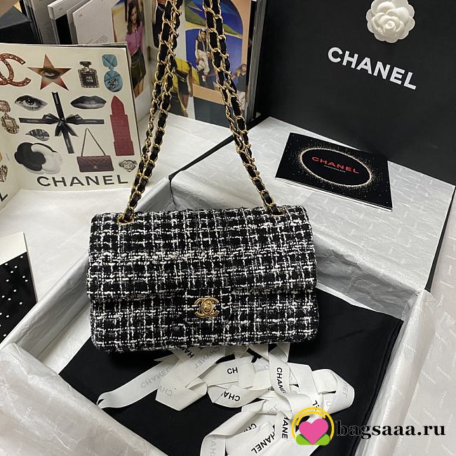 	 Bagsaaa Chanel Medium Flap Bag Tweed Black and White Leather - 25cm - 1