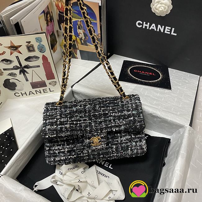 	 Bagsaaa Chanel Medium Flap Bag Tweed Grey Leather - 25cm - 1