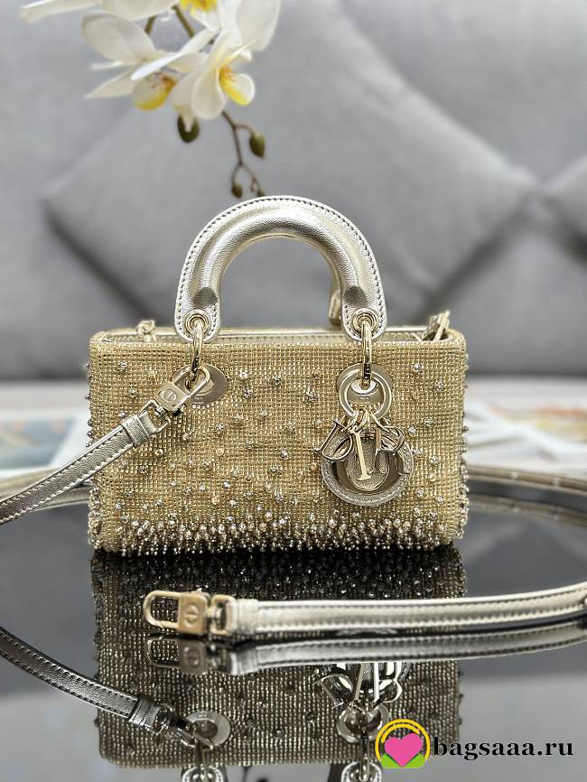 Bagsaaa Dior LAdy D-Joy Gold-Tone Satin with Gradient Bead Embroidery - 16 x 9 x 5 cm - 1