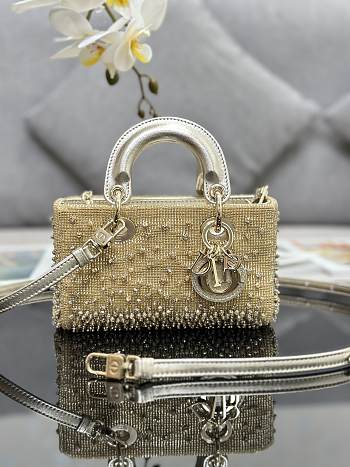 Bagsaaa Dior LAdy D-Joy Gold-Tone Satin with Gradient Bead Embroidery - 16 x 9 x 5 cm