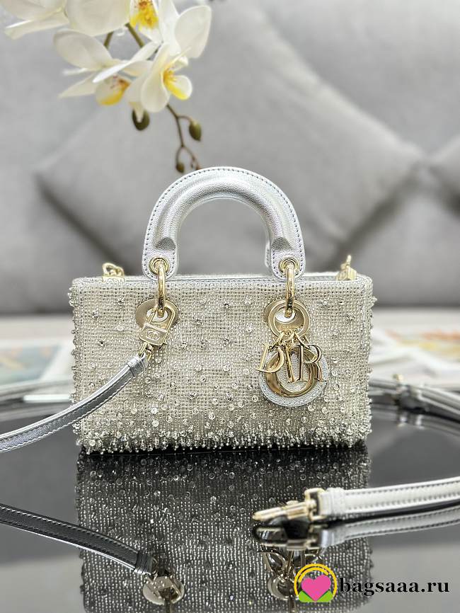 	 Bagsaaa Dior LAdy D-Joy Silver-Tone Satin with Gradient Bead Embroidery - 16 x 9 x 5 cm - 1