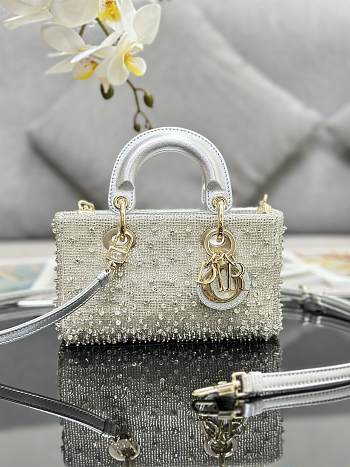 	 Bagsaaa Dior LAdy D-Joy Silver-Tone Satin with Gradient Bead Embroidery - 16 x 9 x 5 cm