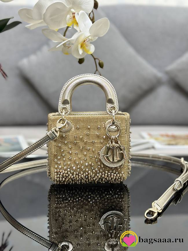 Bagsaaa Dior Lady Micro Gold-Tone Satin with Gradient Bead Embroidery 12 x 10.2 x 5cm - 1