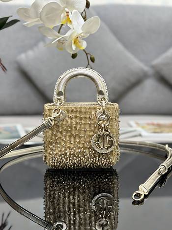 Bagsaaa Dior Lady Micro Gold-Tone Satin with Gradient Bead Embroidery 12 x 10.2 x 5cm