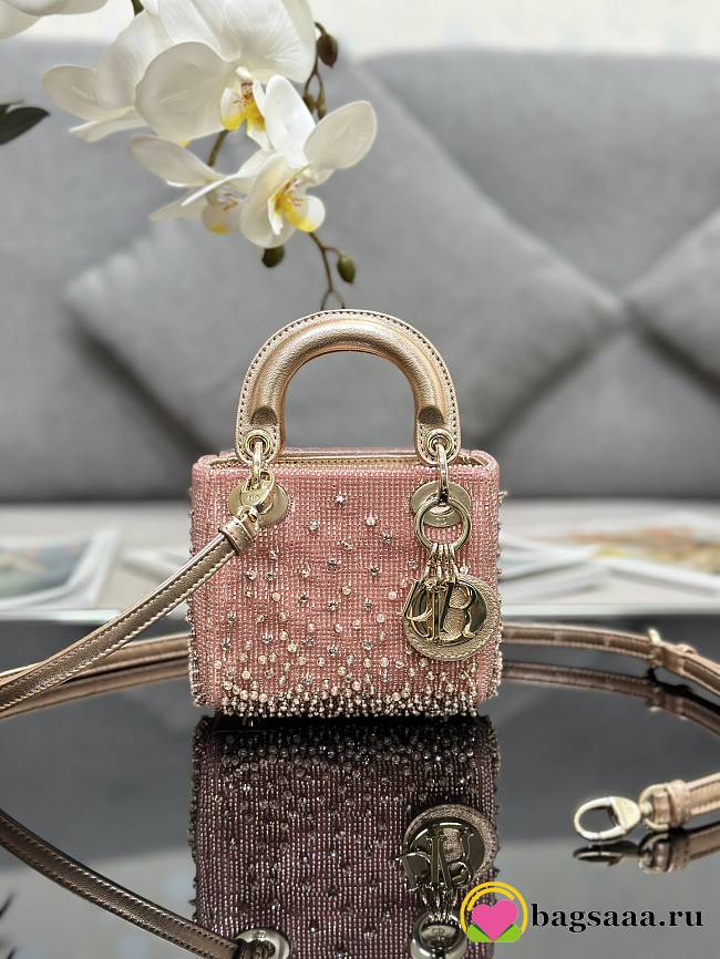 	 Bagsaaa Dior Lady Micro Pink-Tone Satin with Gradient Bead Embroidery 12 x 10.2 x 5cm - 1
