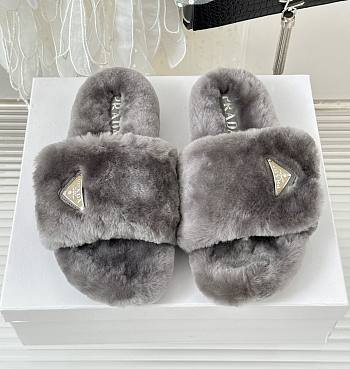 Bagsaaa Prada Fur Leather Grey Slides 