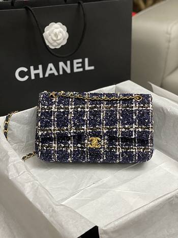 Bagsaaa Chanel Tweed Flap Bag Blue, Gold and White - 25cm