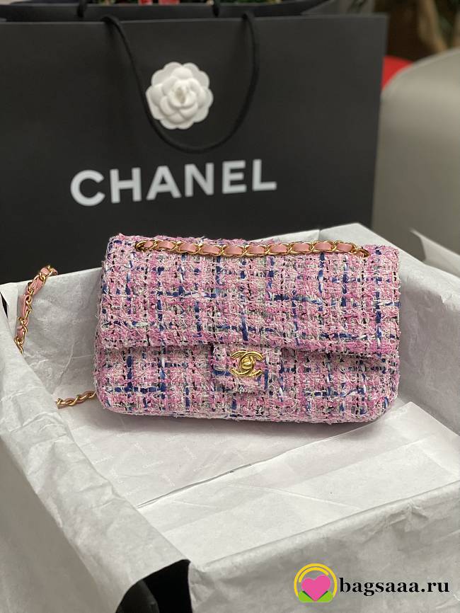 	 Bagsaaa Chanel Tweed Flap Bag Pink and Blue - 25cm - 1