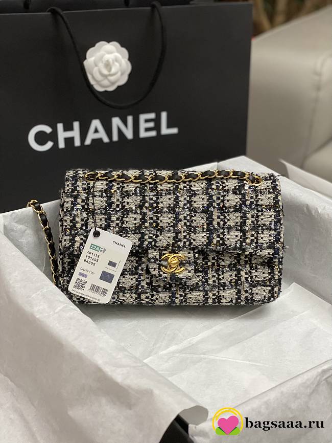 	 Bagsaaa Chanel Tweed Flap Bag Black, Blue and Cream - 25cm - 1