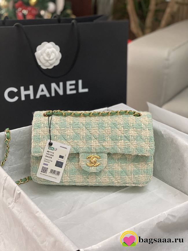 	 Bagsaaa Chanel Tweed Flap Bag Mint and Cream - 25cm - 1