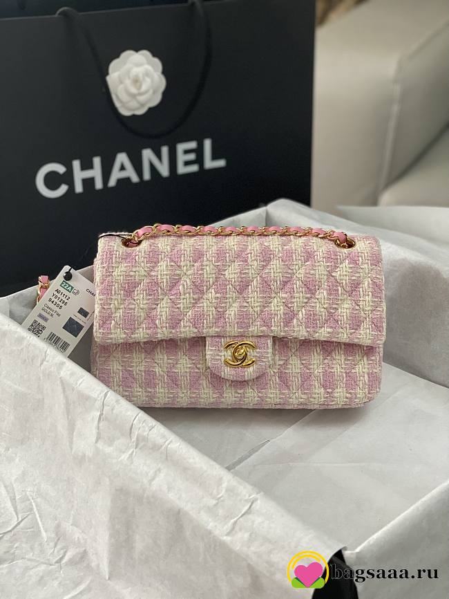 	 Bagsaaa Chanel Tweed Flap Pink and Cream - 25cm - 1