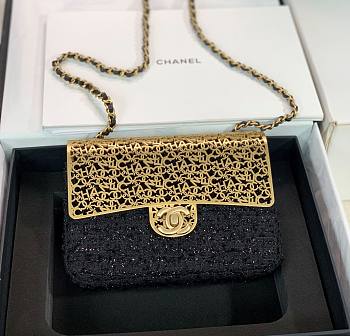 Bagsaaa Chanel Evening Flap Bag Black Tweed and Gold - 20x13x7cm