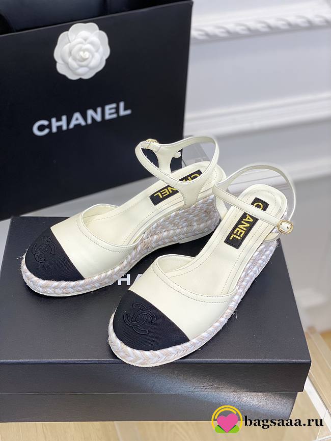 Bagsaaa Chanel Ankle Strap Wedge Espadrilles White Leather - 1