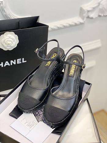 	 Bagsaaa Chanel Ankle Strap Wedge Espadrilles Black Leather
