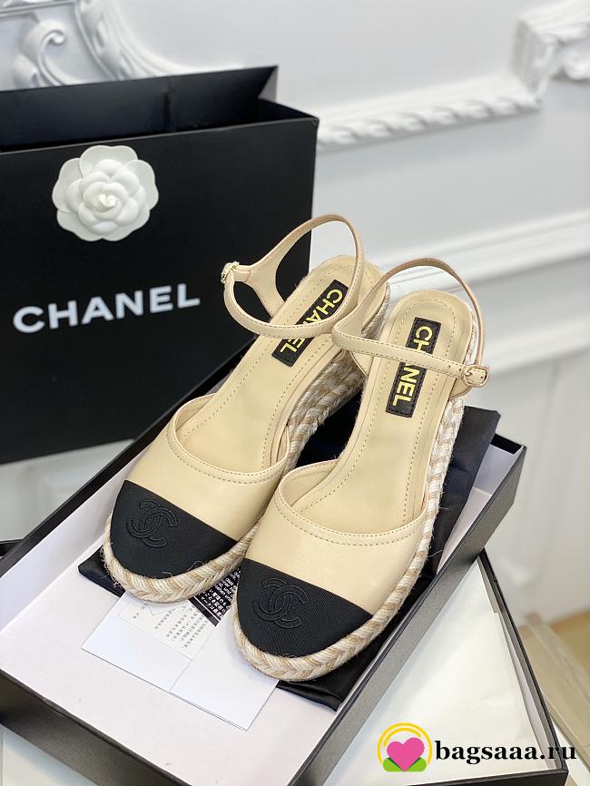 	 Bagsaaa Chanel Ankle Strap Wedge Espadrilles Beige Leather - 1