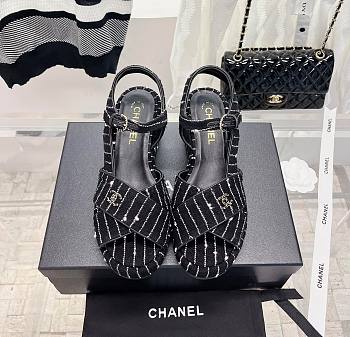 Bagsaaa Chanel Black Tweed Wedge Sandals 