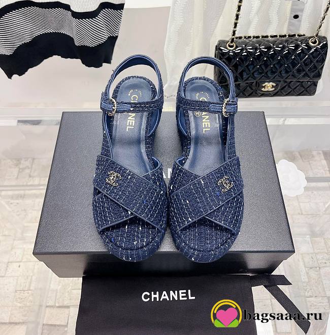 	 Bagsaaa Chanel Blue Tweed Wedge Sandals - 1