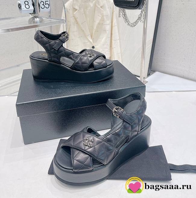 	 Bagsaaa Chanel Black Lambskin Wedge Sandals - 1