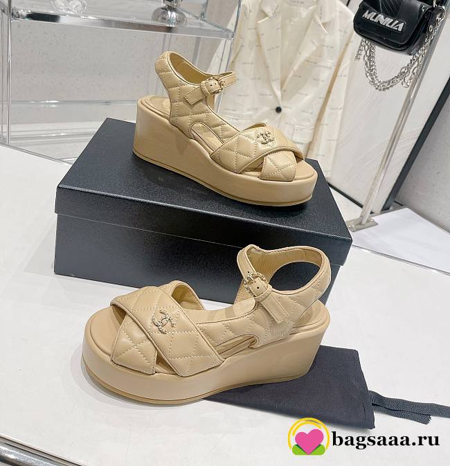 	 Bagsaaa Chanel Beige Lambskin Wedge Sandals - 1