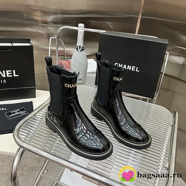 	 Bagsaaa Chanel Chelsea Black Patent Leather Boots - 1