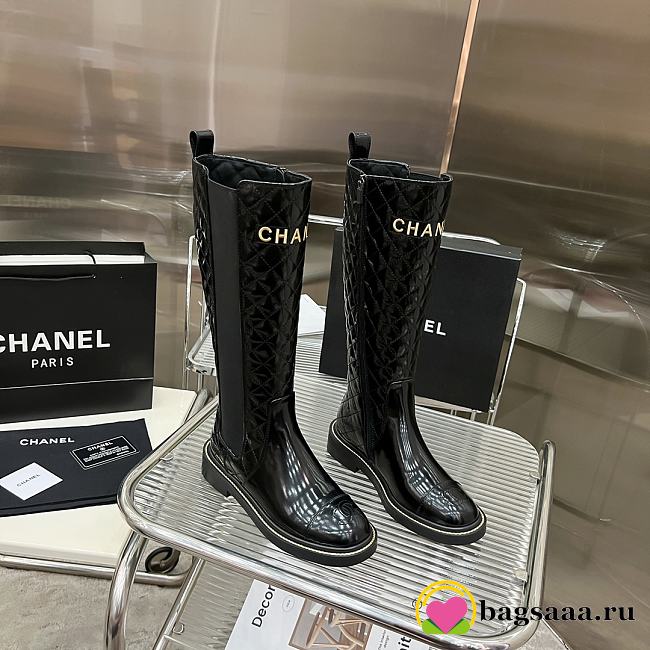 	 Bagsaaa Chanel Chelsea Black Patent Leather Long Boots - 1