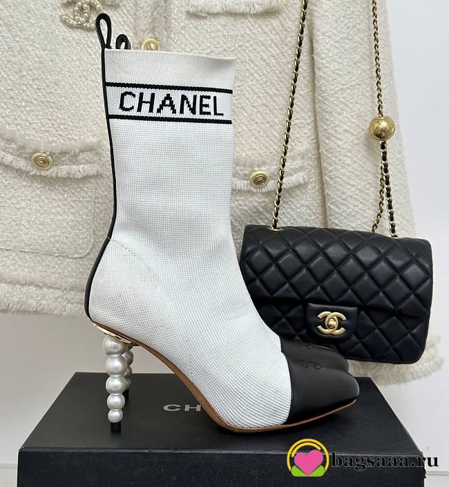 	 Bagsaaa Chanel Beaded Pearl Sock Boots White - 1