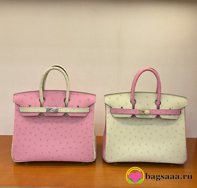 Bagsaaa Hermes Birkin 25 Ostrich Leather Pink and White - 1