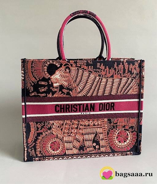Bagsaaa Dior Book Tote Large 41cm Fuchsia/Navy Blue Animal Embroidered Canvas - 1