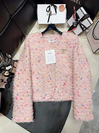 Bagsaaa Chanel Tweed Pink Jacket CC Gold Logo Colorful