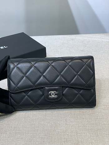 Bagsaaa Chanel Flap 3 Fold Wallet Black Lambskin Silver Logo - 18.5/10/2.5cm