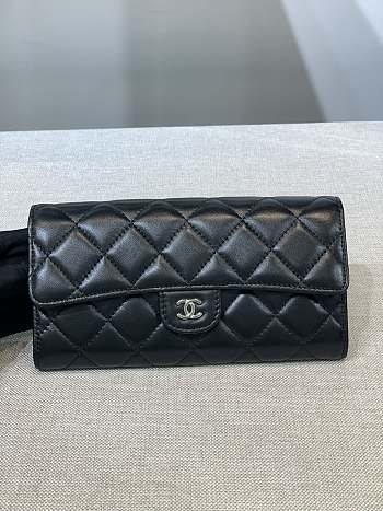 	 Bagsaaa Chanel Flap 3 Fold Wallet Black Lambskin Silver Logo - 19.5×10×3cm