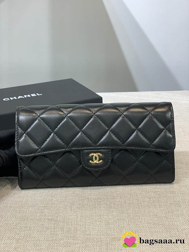	 Bagsaaa Chanel Flap 3 Fold Wallet Black Lambskin Gold Logo - 19.5×10×3cm - 1