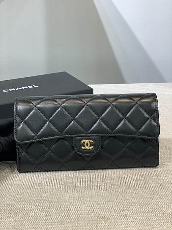 	 Bagsaaa Chanel Flap 3 Fold Wallet Black Lambskin Gold Logo - 19.5×10×3cm