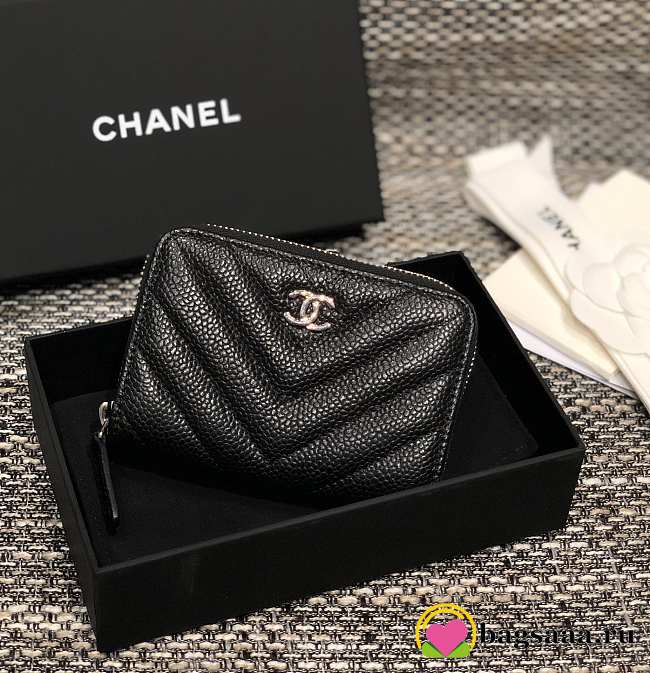 Bagsaaa Chanel Chevron Coin Purse Caviar Leather Silver - 7.5×2×11.cm - 1