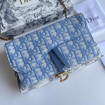 Bagsaaa Dior Saddle Oblique Blue Chain Wallet - 19*11*2.5