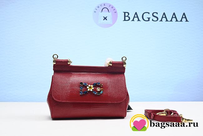 Bagsaaa DOLCE & GABBANA  Small Iguana Print Calfskin Sicily Bag With Crystal Dg Logo Patch - Red - 1