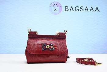 Bagsaaa DOLCE & GABBANA  Small Iguana Print Calfskin Sicily Bag With Crystal Dg Logo Patch - Red