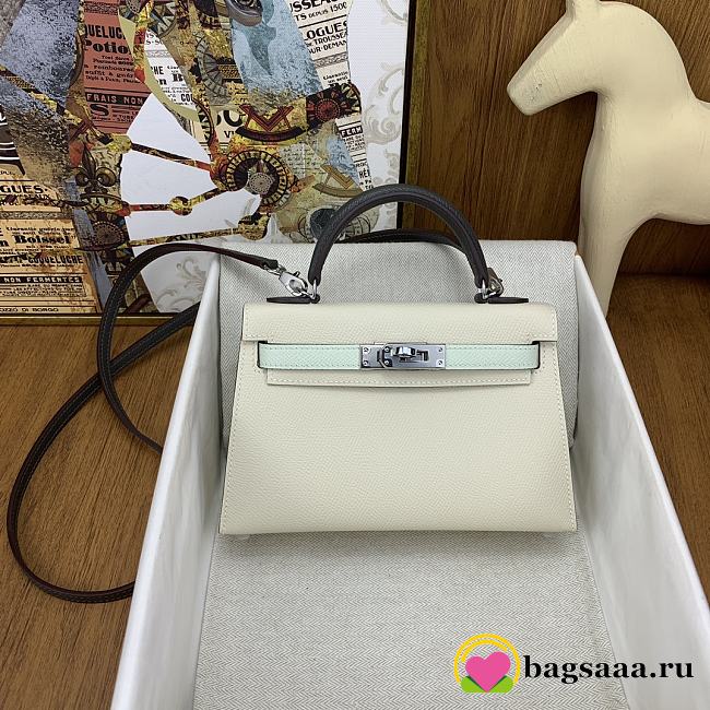	 Bagsaaa Hermes Mini Kelly Chevre Leather White and Blue 19cm - 1