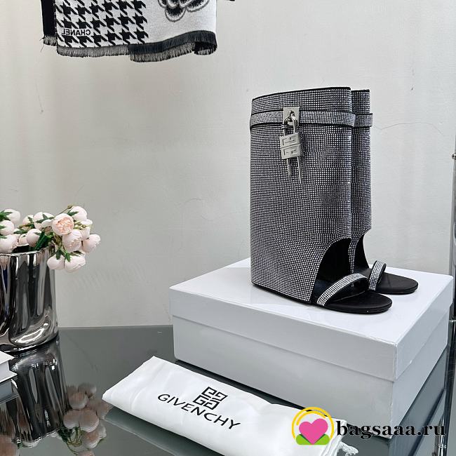 Bagsaaa Givenchy Shark Lock Embellished Satin Sandals In Metallic - 1