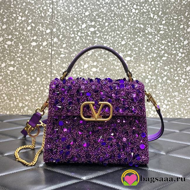 	 Bagsaaa Valentino Garavani Embellished Locó Top-Handle 3D Sequins Purple Bag - 19x13x9cm - 1