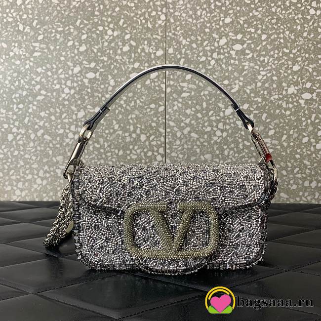 Bagsaaa Valentino Garavani Loco Small VLOGO Sequins Shoulder Bag Silver - 19x10.5x5cm - 1