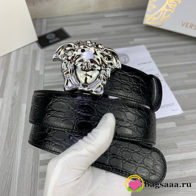 	 Bagsaaa Versace Black & Silver Croc 'La Medusa' Belt - 3.8cm - 1