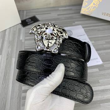 	 Bagsaaa Versace Black & Silver Croc 'La Medusa' Belt - 3.8cm