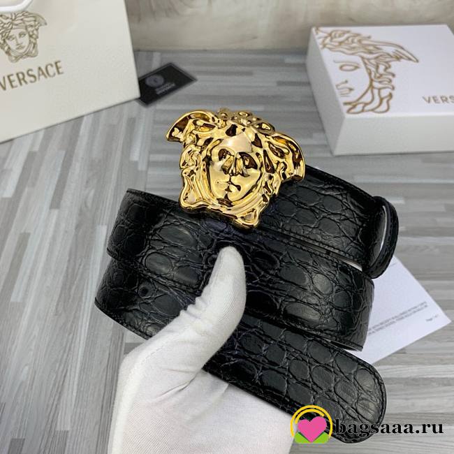 	 Bagsaaa Versace Black & Gold Croc 'La Medusa' Belt - 3.8cm - 1