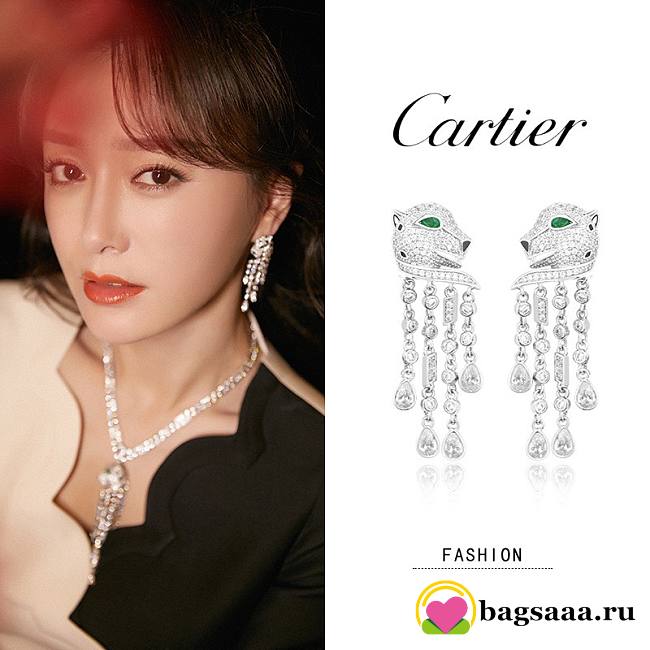 Bagsaaa Cartier Panther Silver Zircon Onyx Emerald & Emerald Earrings - 1