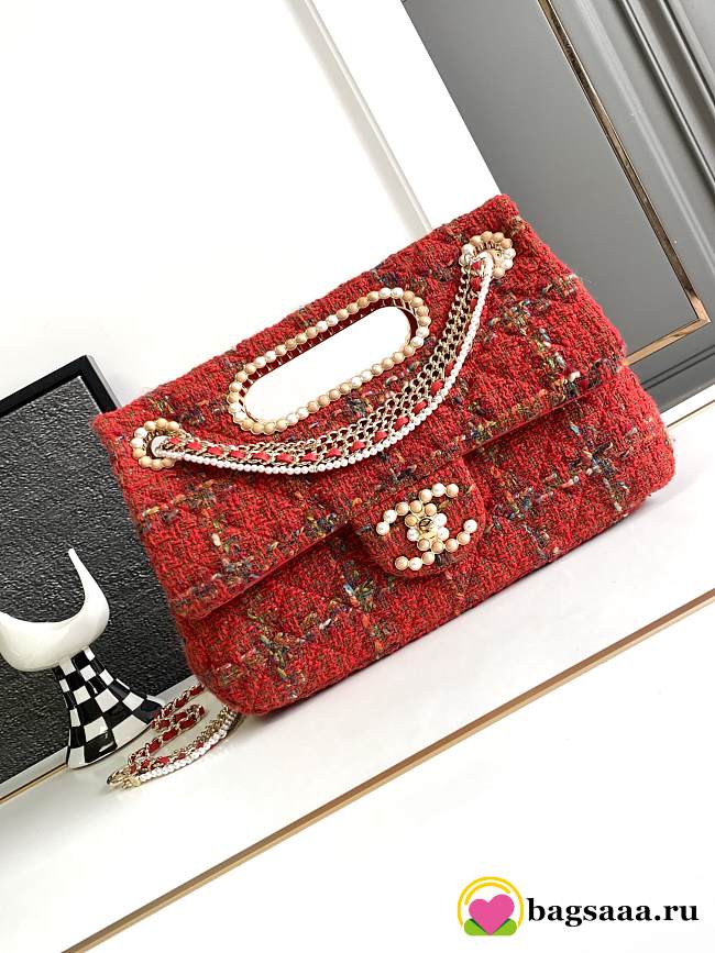 Bagsaaa Chanel Double Flap Bag with Cut Out Handle and Multi Chain Red Tweed - 29x19x9cm - 1