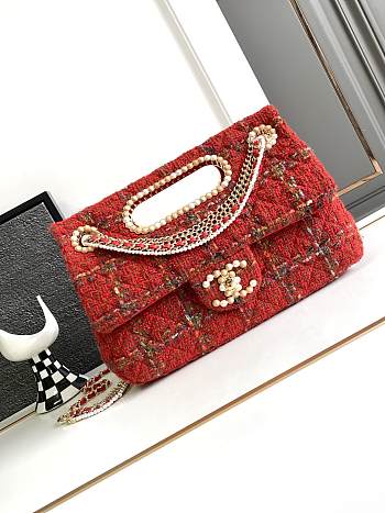 Bagsaaa Chanel Double Flap Bag with Cut Out Handle and Multi Chain Red Tweed - 29x19x9cm