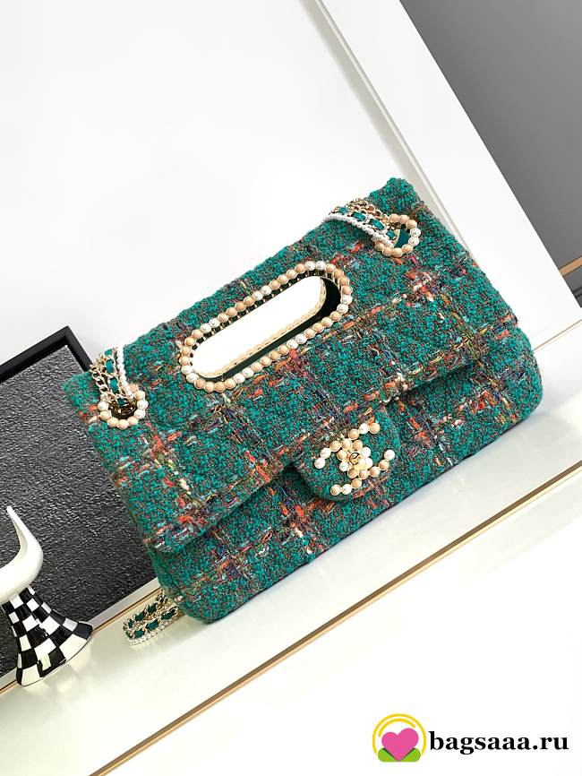 	 Bagsaaa Chanel Double Flap Bag with Cut Out Handle and Multi Chain Green Tweed - 29x19x9cm - 1