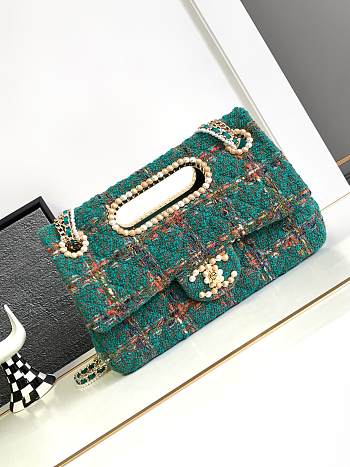 	 Bagsaaa Chanel Double Flap Bag with Cut Out Handle and Multi Chain Green Tweed - 29x19x9cm